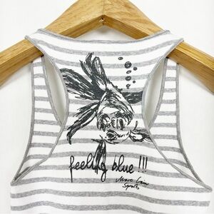 Marc Cain Fish Graphic White & Grey Racer‎ Back Tank Top Size Small Feeling Blue